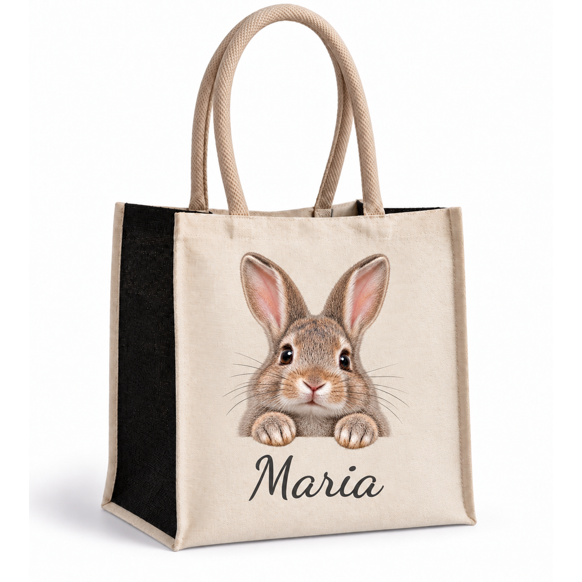 Personalisierte Einkaufstasche mit Hase-Motiv, Wunschname und schwarzen Seiten