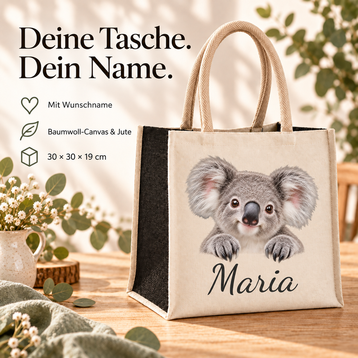 Einkaufstasche mit Koala-Motiv, Wunschname und erklärten Produkteigenschaften