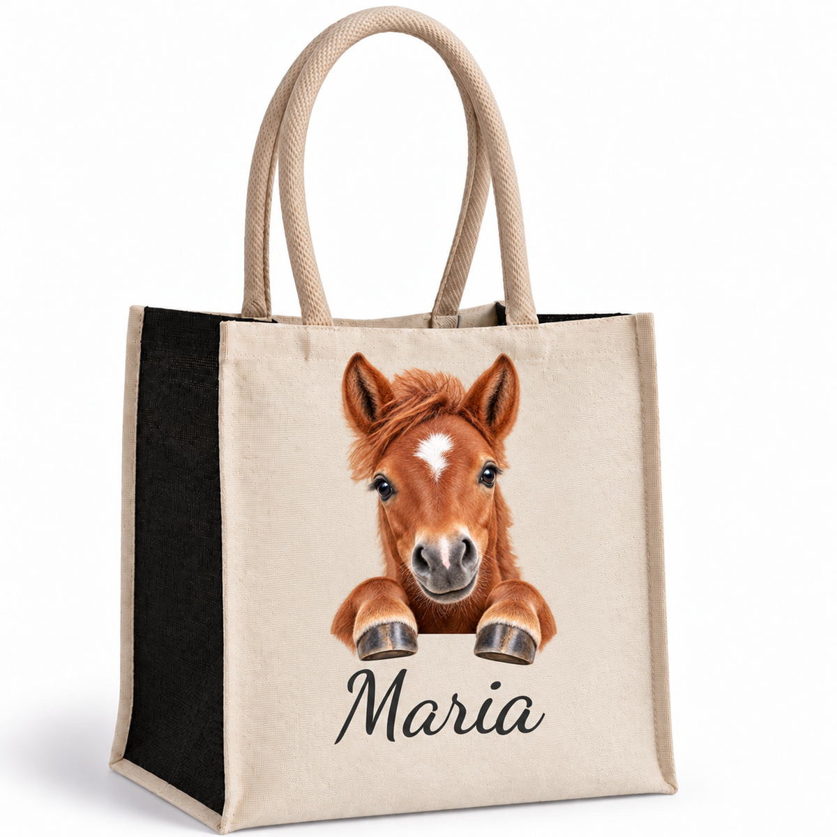 Personalisierte Einkaufstasche mit Pferd-Motiv, Wunschname und schwarzen Seiten