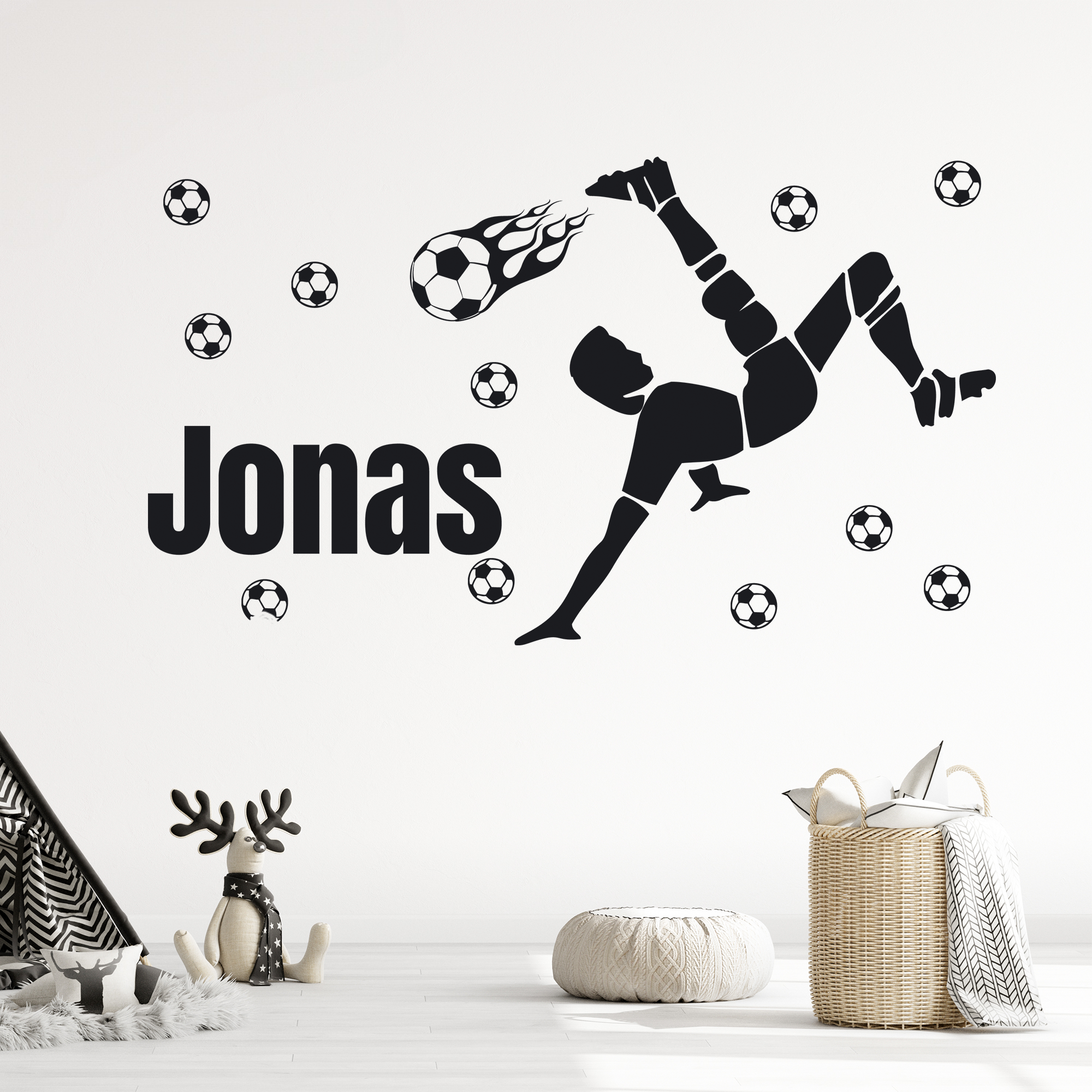 Wandtattoo mit Fußballer in Schwarz und Namen Jonas.
