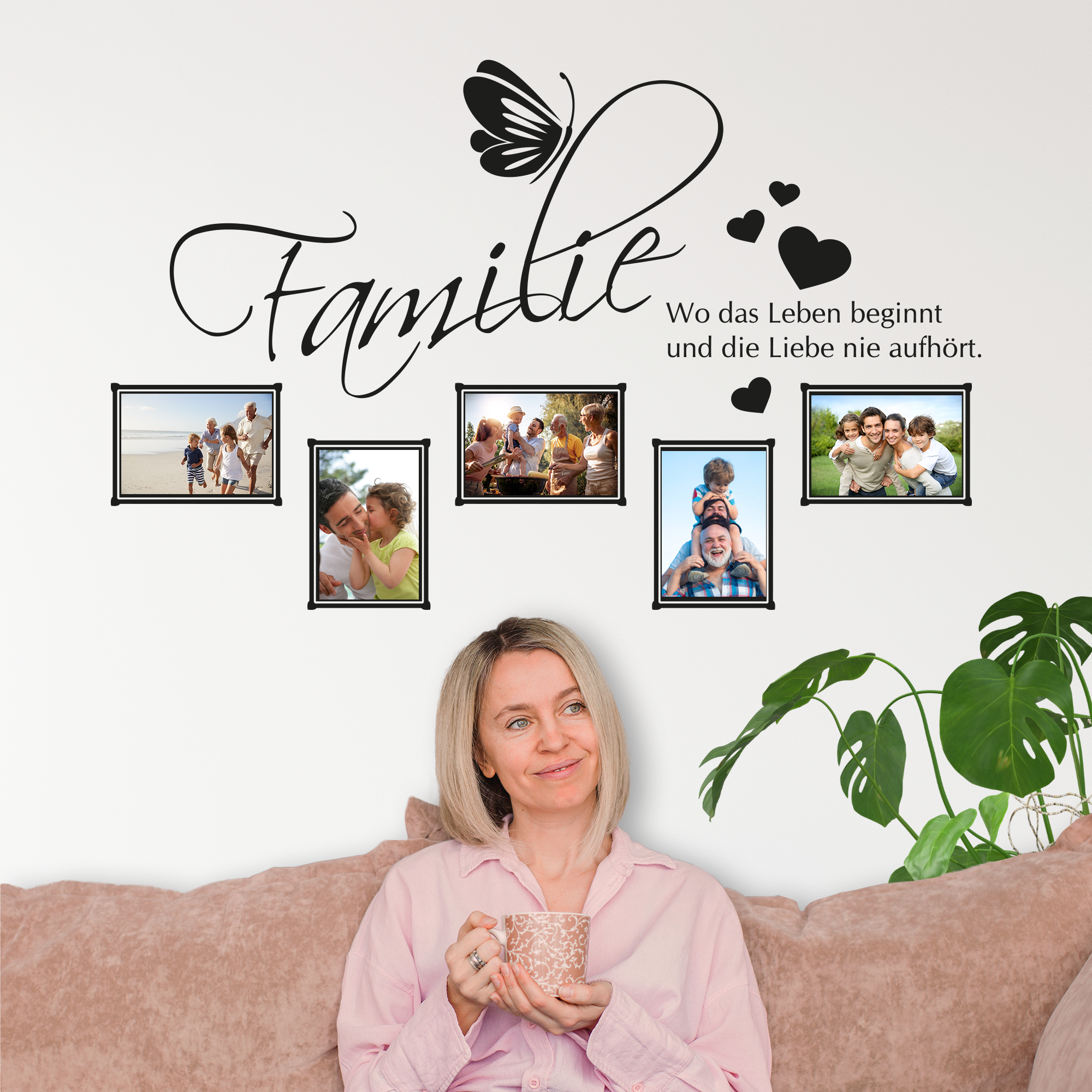 Wandtattoo „Familie“ mit Fotos, schwarz, liebevolle Details.