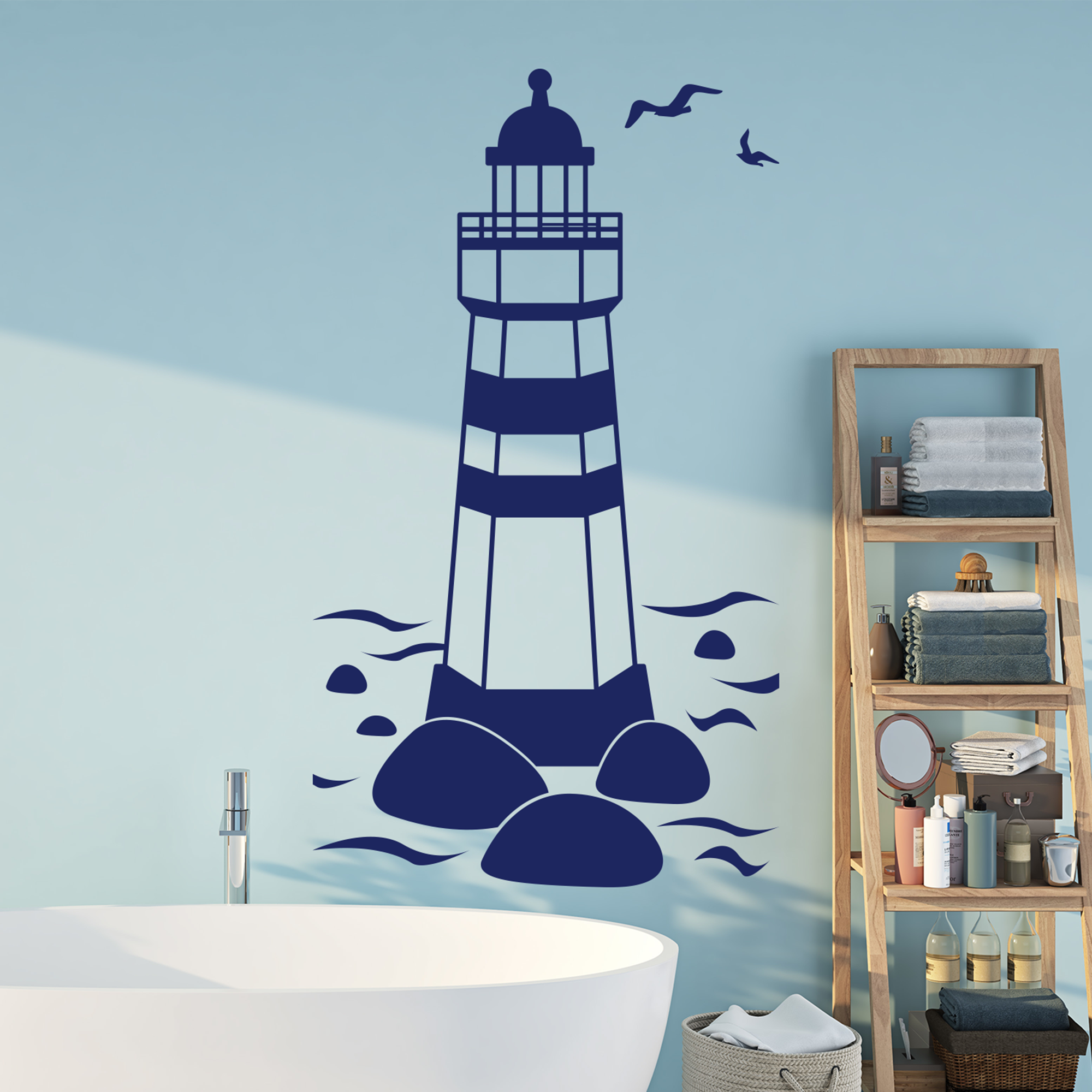 Blauer Leuchtturm mit Wellen und Vögeln an Wand.