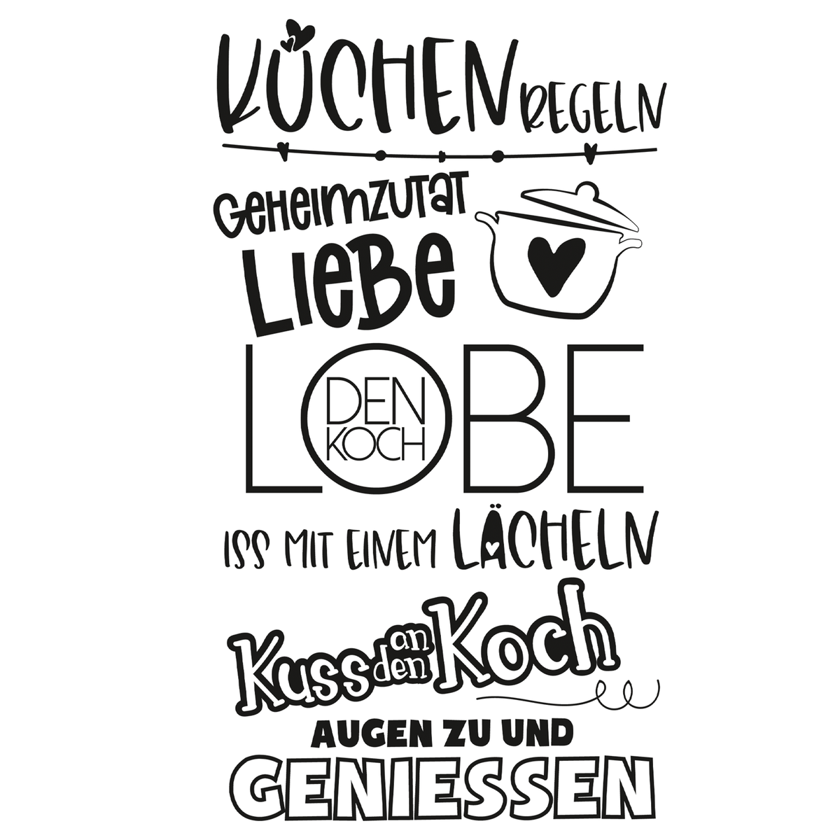 Küchenregeln in Schwarz mit Herz und Kochmotiven.