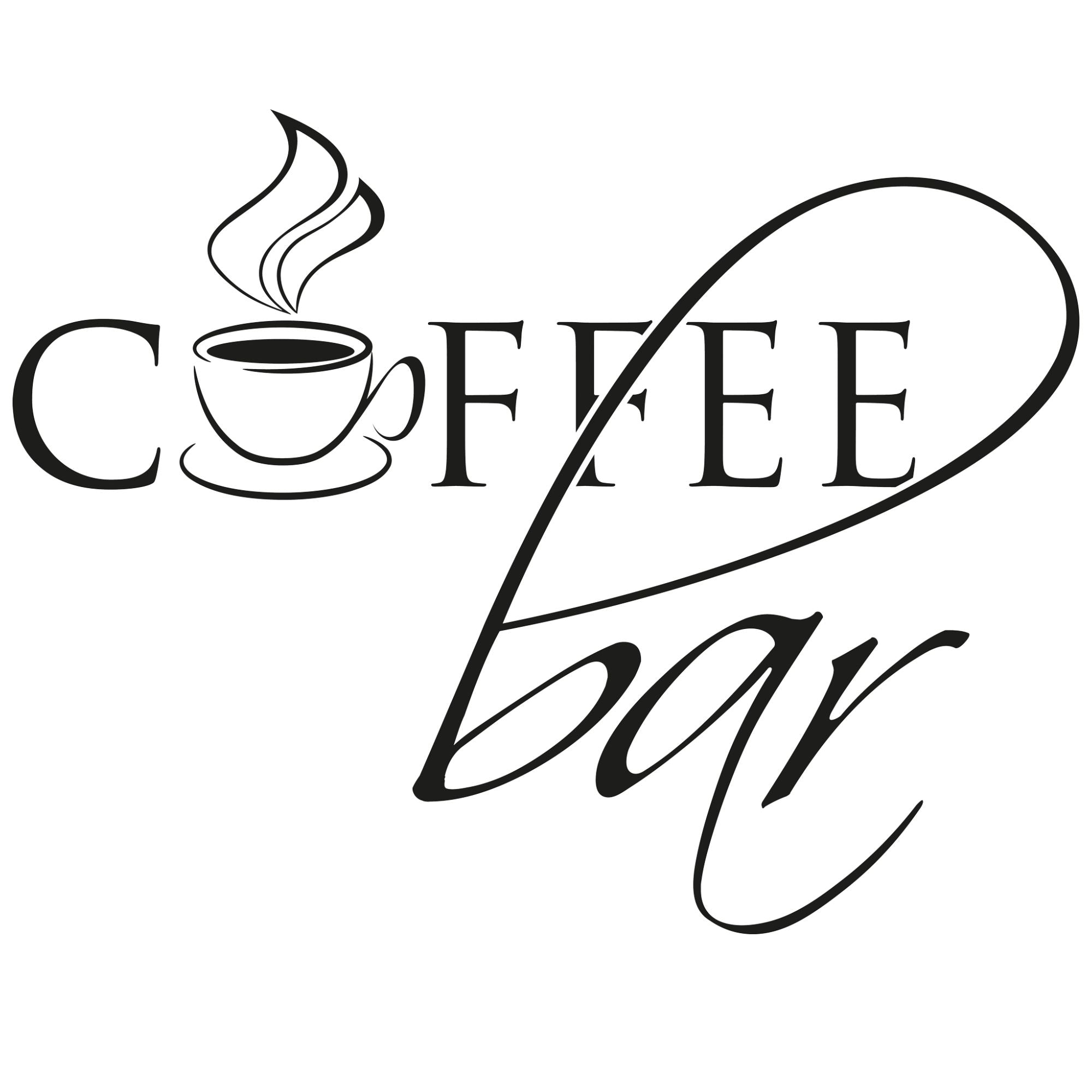 Schwarze Schriftzug "Coffee bar" mit Kaffeetasse und Dampf.
