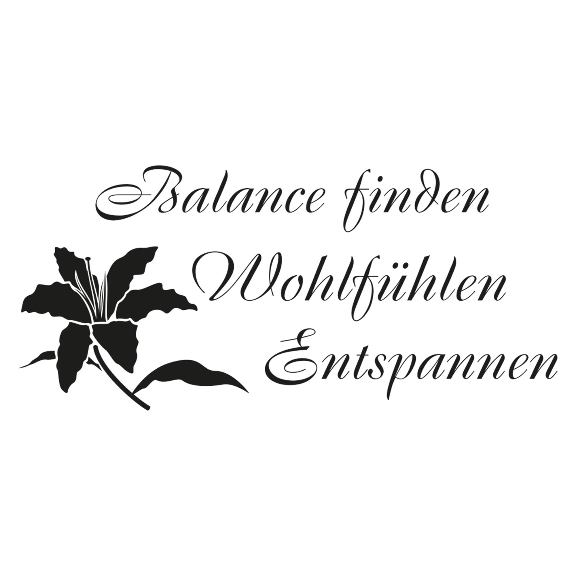Schwarze Schriftzüge mit Blütenmotiv: Balance finden, Wohlfühlen, Entspannen.