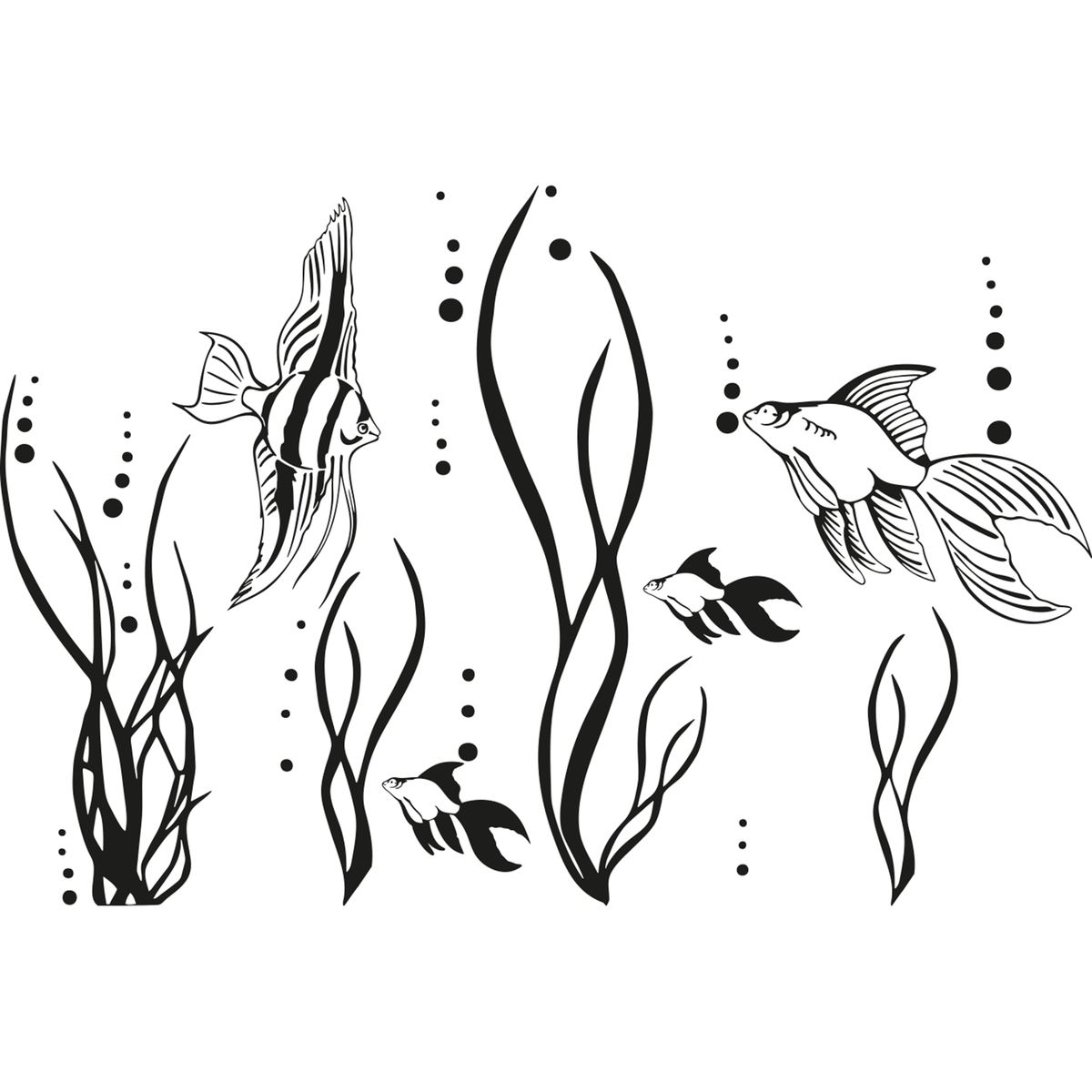 Schwarze Wandtattoos mit Fischen und Wasserpflanzen.
