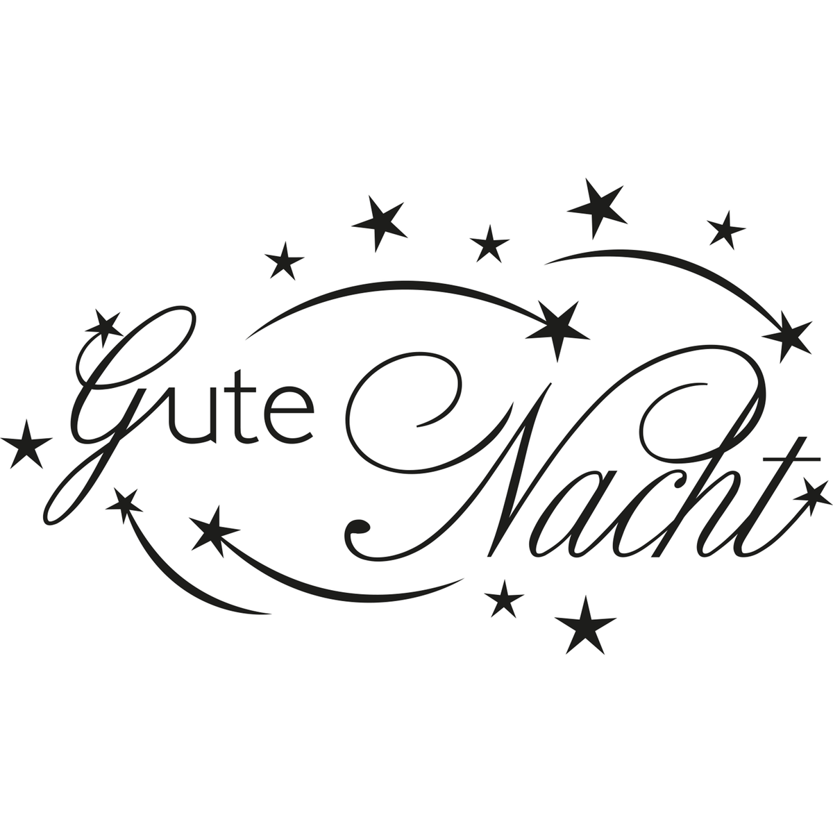 Schwarzer Schriftzug "Gute Nacht" mit Sternen.