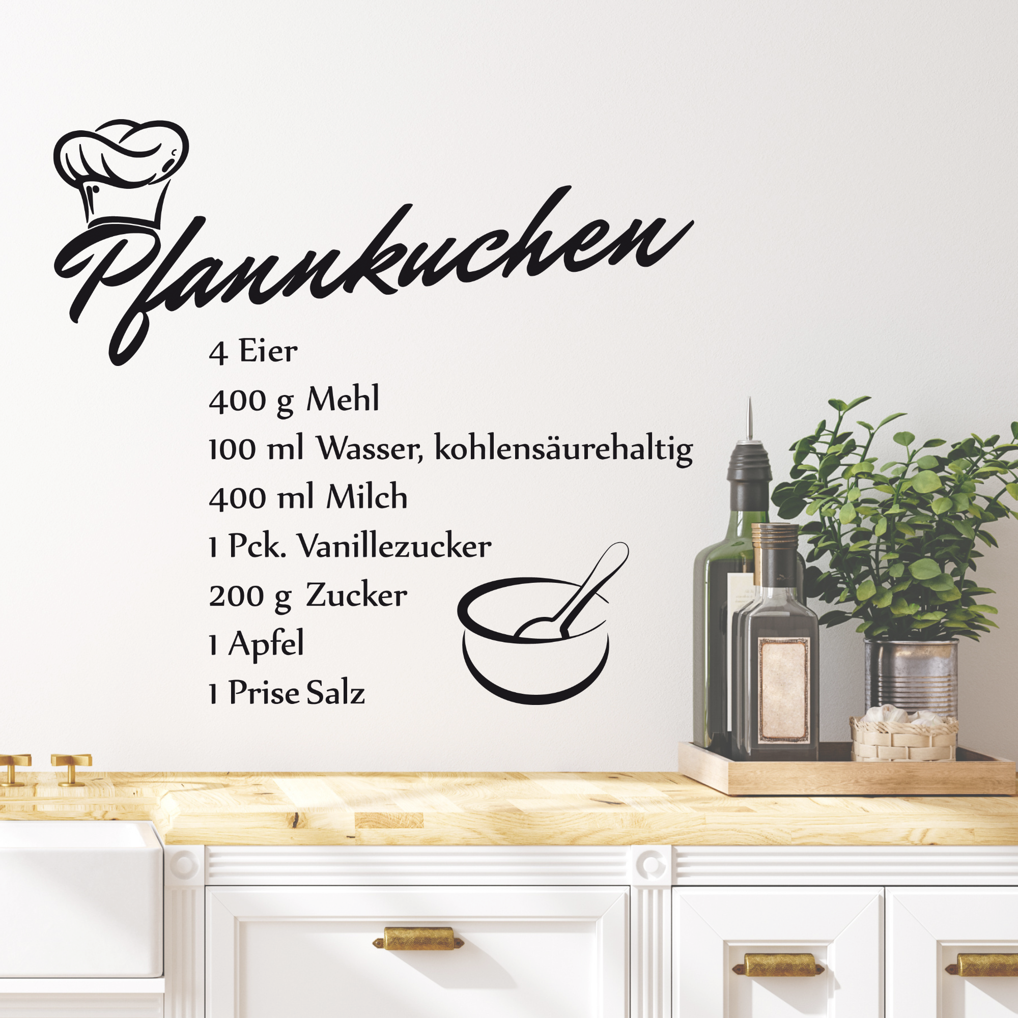 Pfannkuchen Rezept mit Zutatenliste und Kochutensilien.