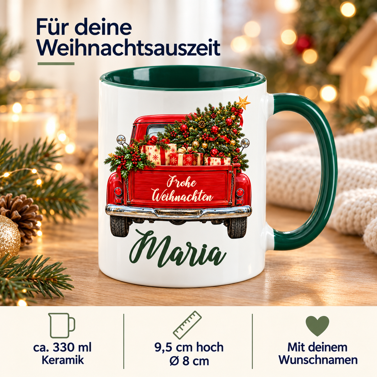 Weiß-grüne Weihnachtstasse mit rotem Truck, Tannenbaum, Geschenken und Wunschname; Angaben zu Keramik, Fassungsvermögen und Maßen.