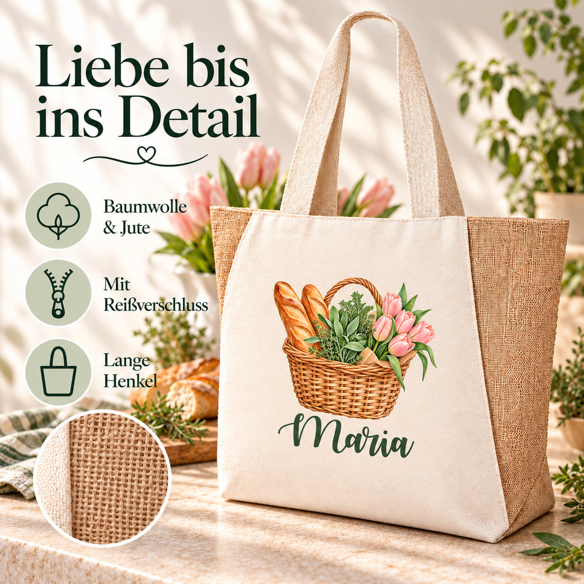 Shopper Sharma mit Tulpen, Kräuter & Baguette und Wunschname – Übersicht der Taschendetails aus Baumwolle und Jute mit Reißverschluss.