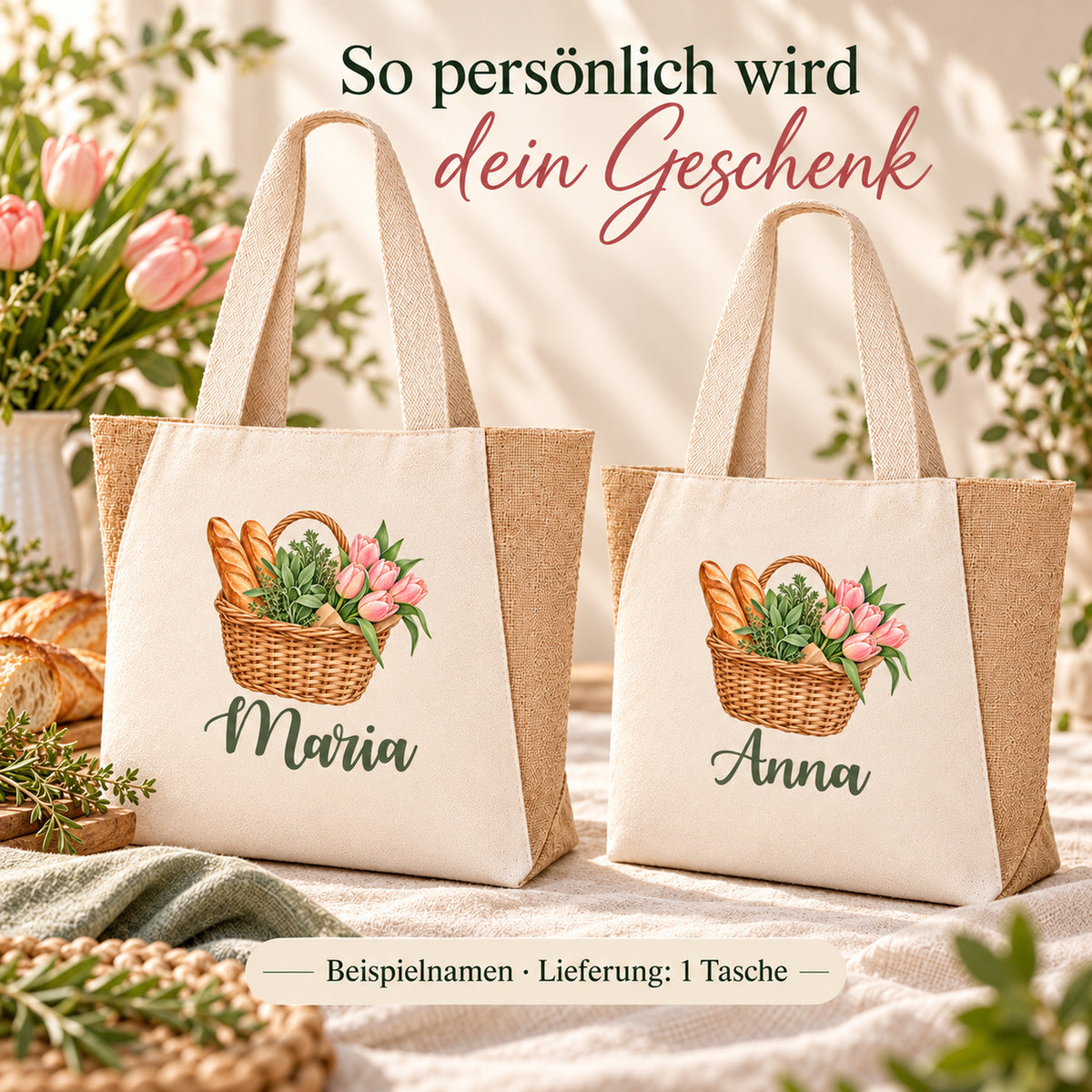 Shopper Sharma mit Tulpen, Kräuter & Baguette und Wunschname – Darstellung des Wunschnamens unter dem Korbmotiv.