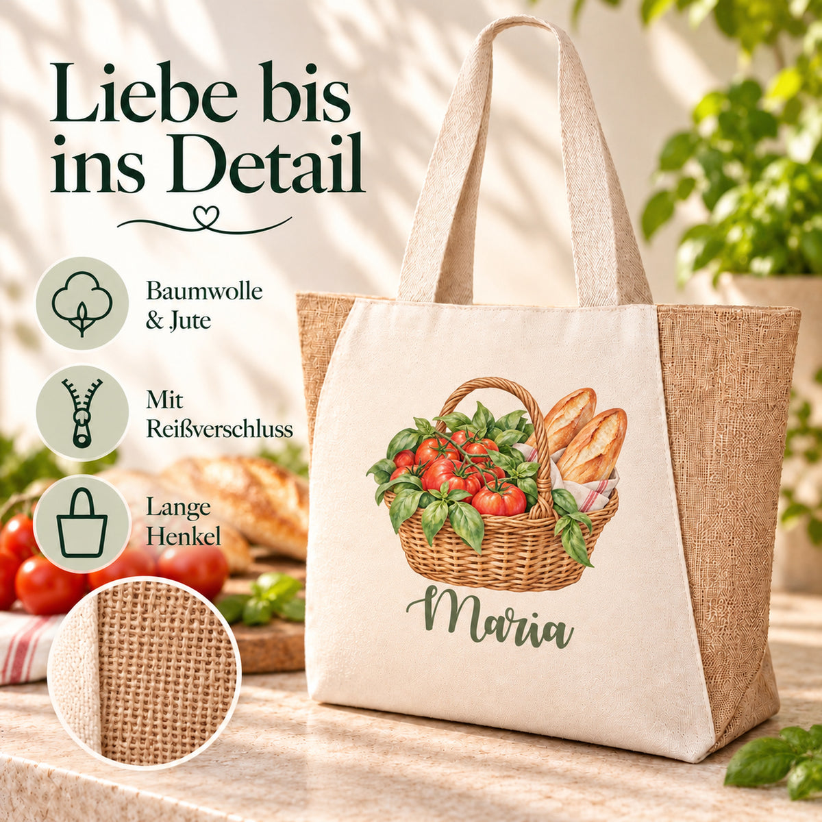 Shopper Sharma mit Tomaten, Basilikum & Baguette und Wunschname – Übersicht der Taschendetails aus Baumwolle und Jute mit Reißverschluss.