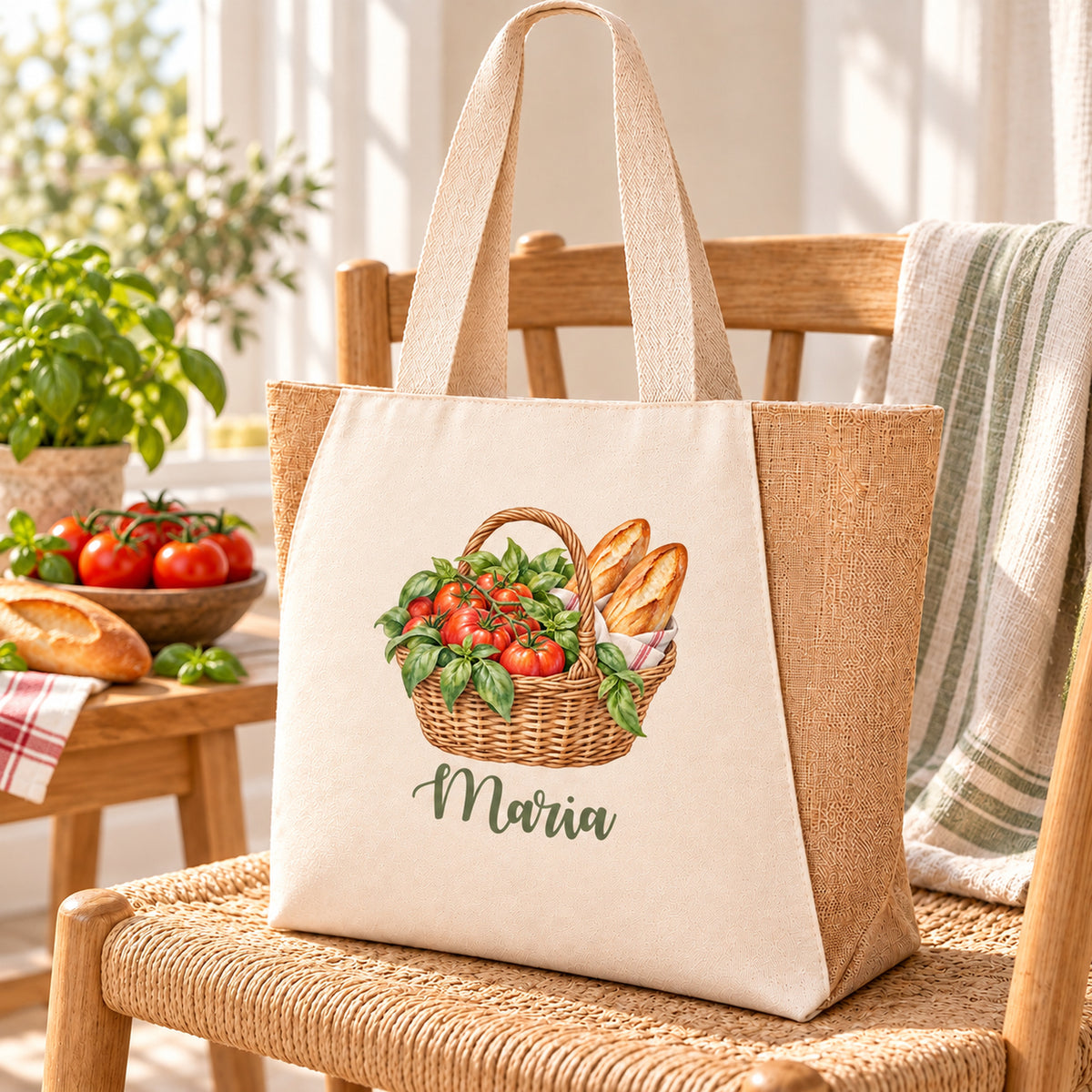 Shopper Sharma mit Tomaten, Basilikum & Baguette und Wunschname – Lifestyle-Ansicht der personalisierten Markttasche.