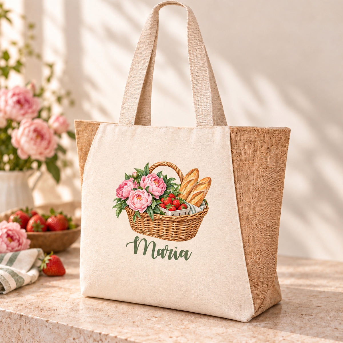 Shopper Sharma mit Erdbeeren, Pfingstrosen & Baguette und Wunschname – Produktansicht mit personalisiertem Aquarell-Korbmotiv.