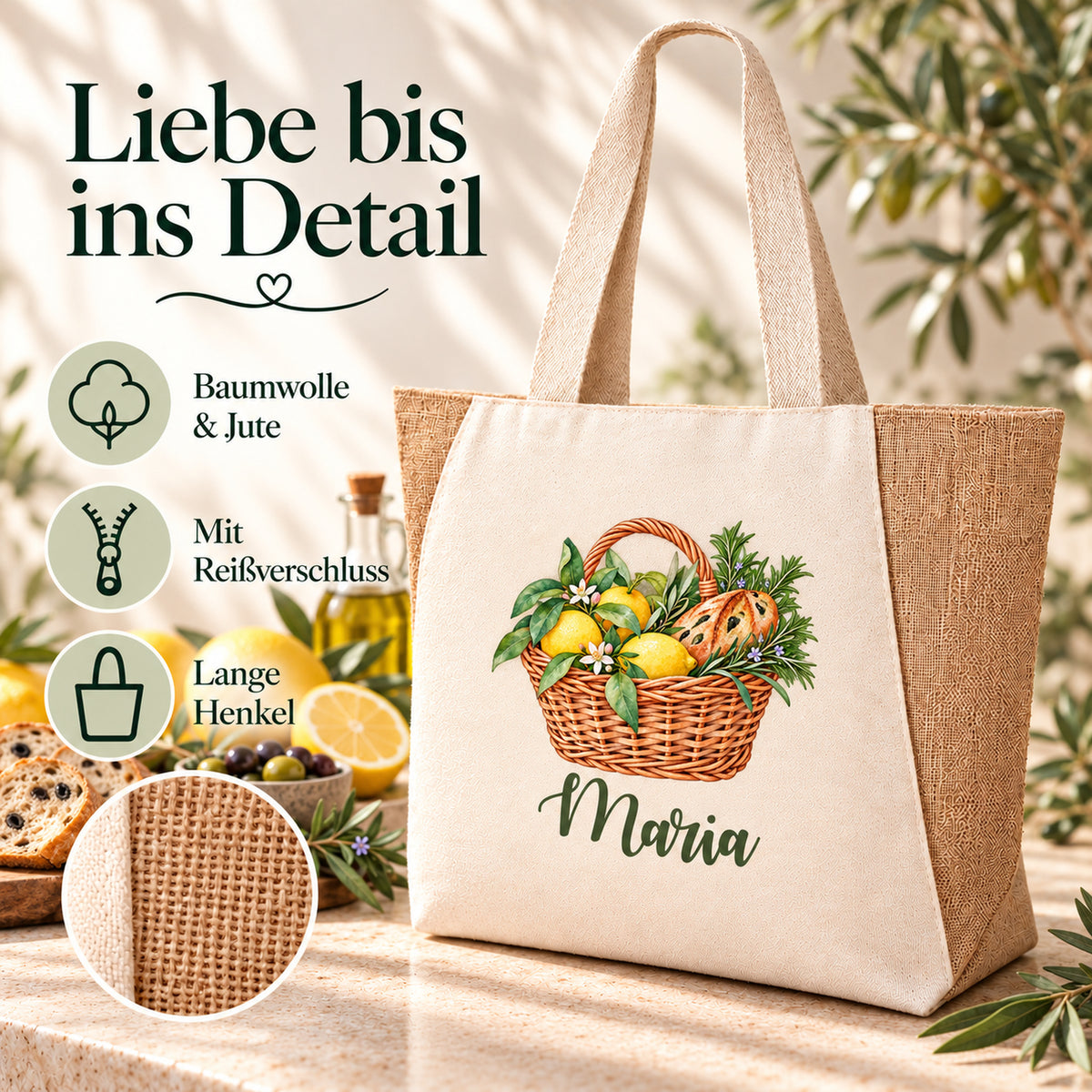 Shopper Sharma mit Zitronen, Rosmarin & Olivenbrot und Wunschname – Übersicht der Taschendetails aus Baumwolle und Jute mit Reißverschluss.