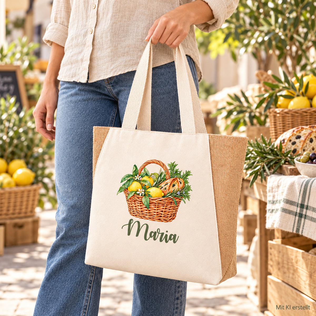 Shopper Sharma mit Zitronen, Rosmarin & Olivenbrot und Wunschname – Alltagsansicht der personalisierten Markttasche.