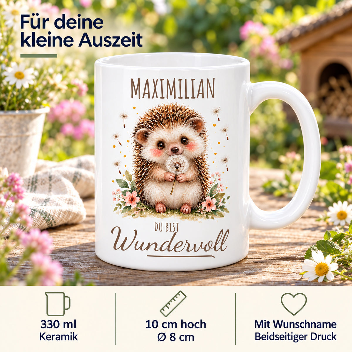 Produktdetails: weiße Igel-Tasse, 330 ml, mit Wunschname und Du bist Wundervoll – Beispielname Maximilian