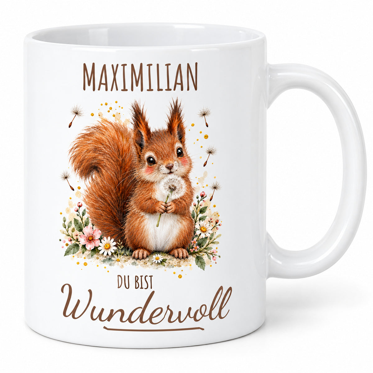 Hauptansicht: weiße Eichhörnchen-Tasse, 330 ml, mit Wunschname und Du bist Wundervoll – Beispielname Maximilian