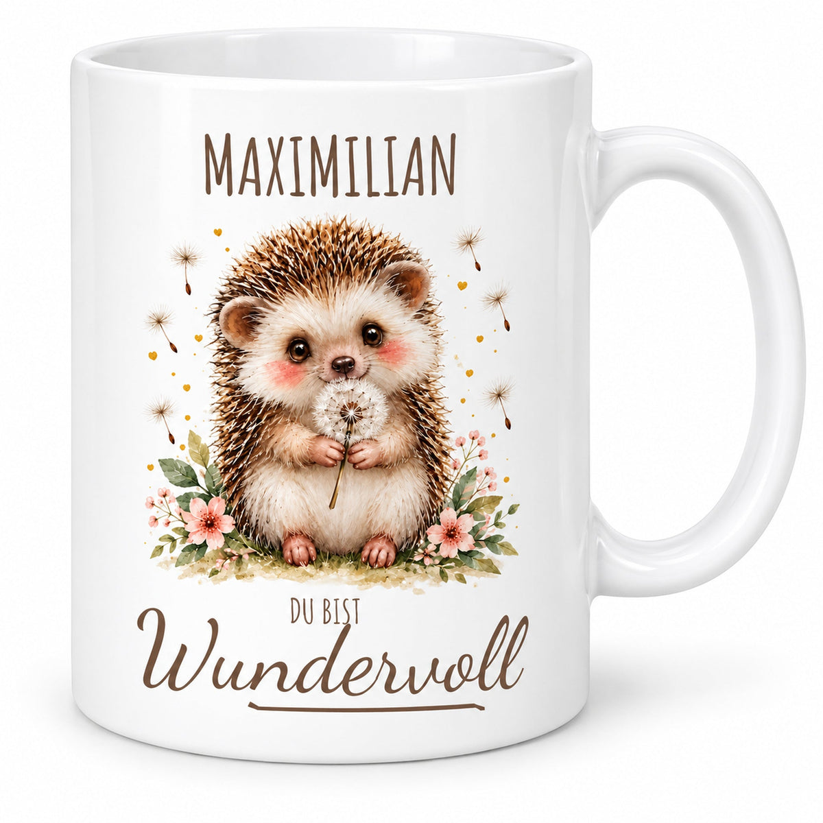 Hauptansicht: weiße Igel-Tasse, 330 ml, mit Wunschname und Du bist Wundervoll – Beispielname Maximilian