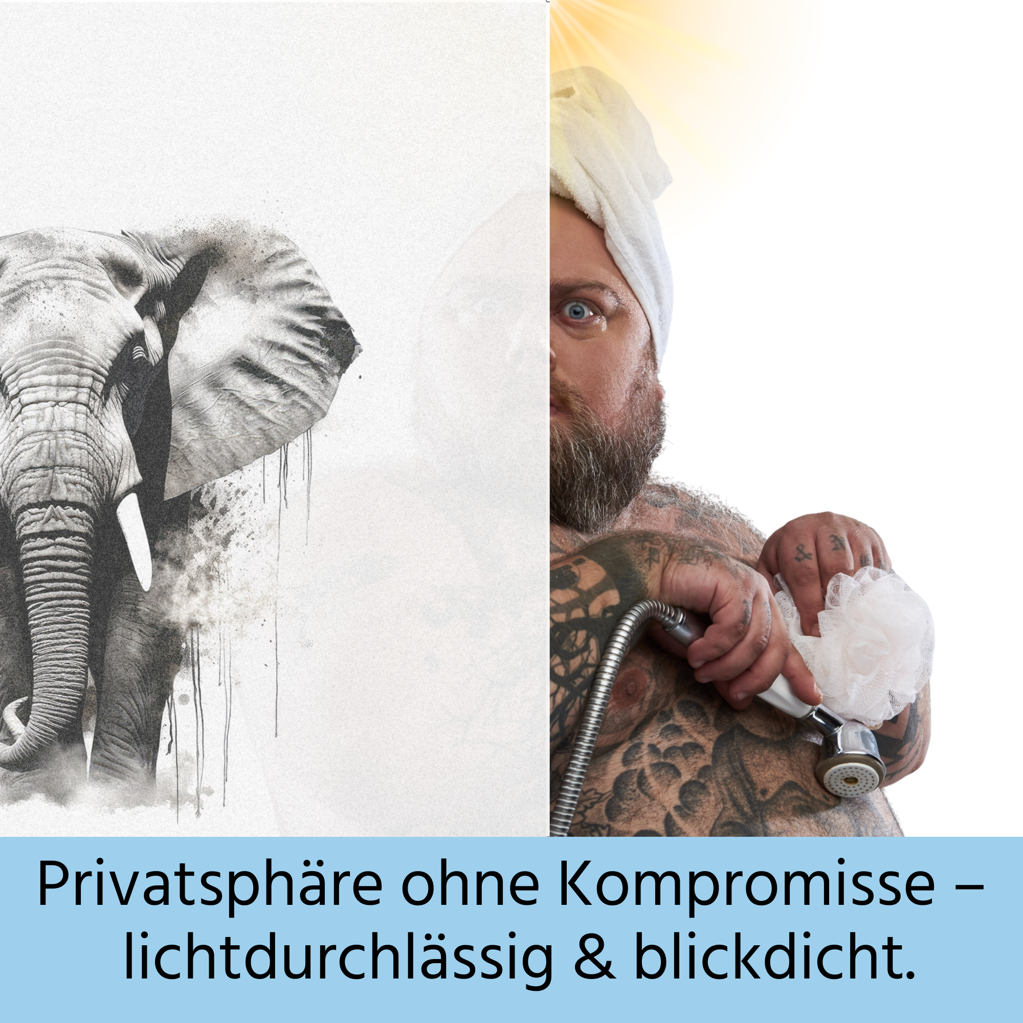 Elefant und Mann mit Handbrause, lichtdurchlässig und blickdicht.