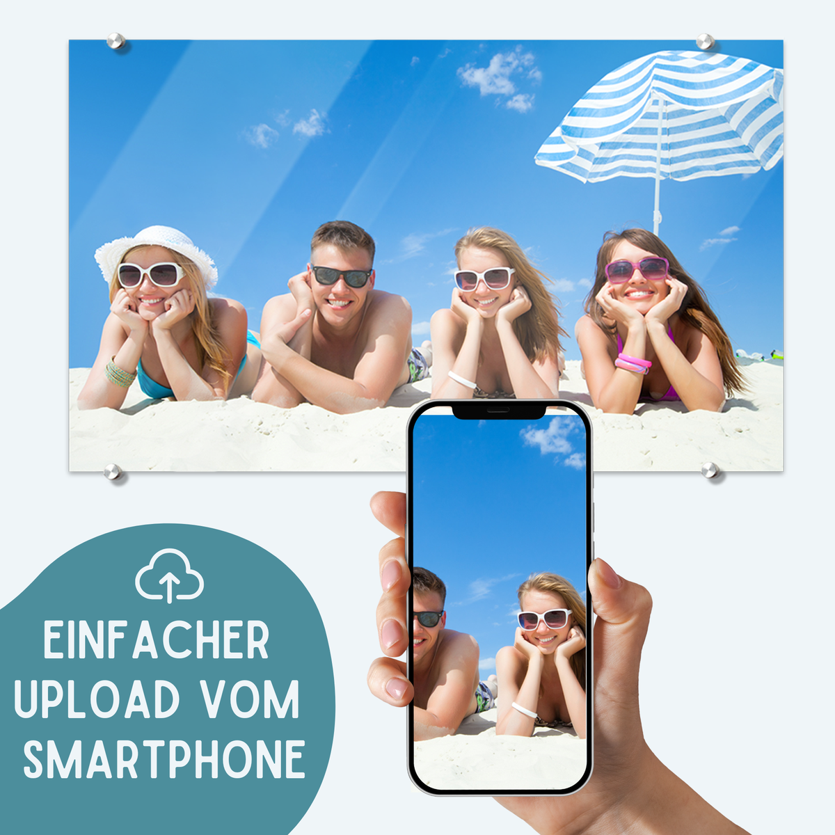 Strandfoto mit Freunden, blauer Himmel, Sonnenbrille, Sonnenstuhl.