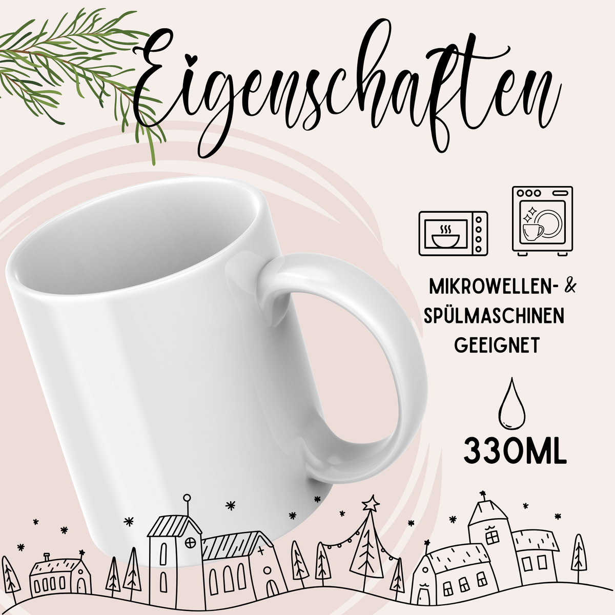 Weißer Kaffeebecher, 330ml, mikrowellen- und spülmaschinengeeignet.