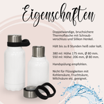 Doppelwandige Thermoflasche, weiß, mit Schraubverschluss und Silikonhenkel.
