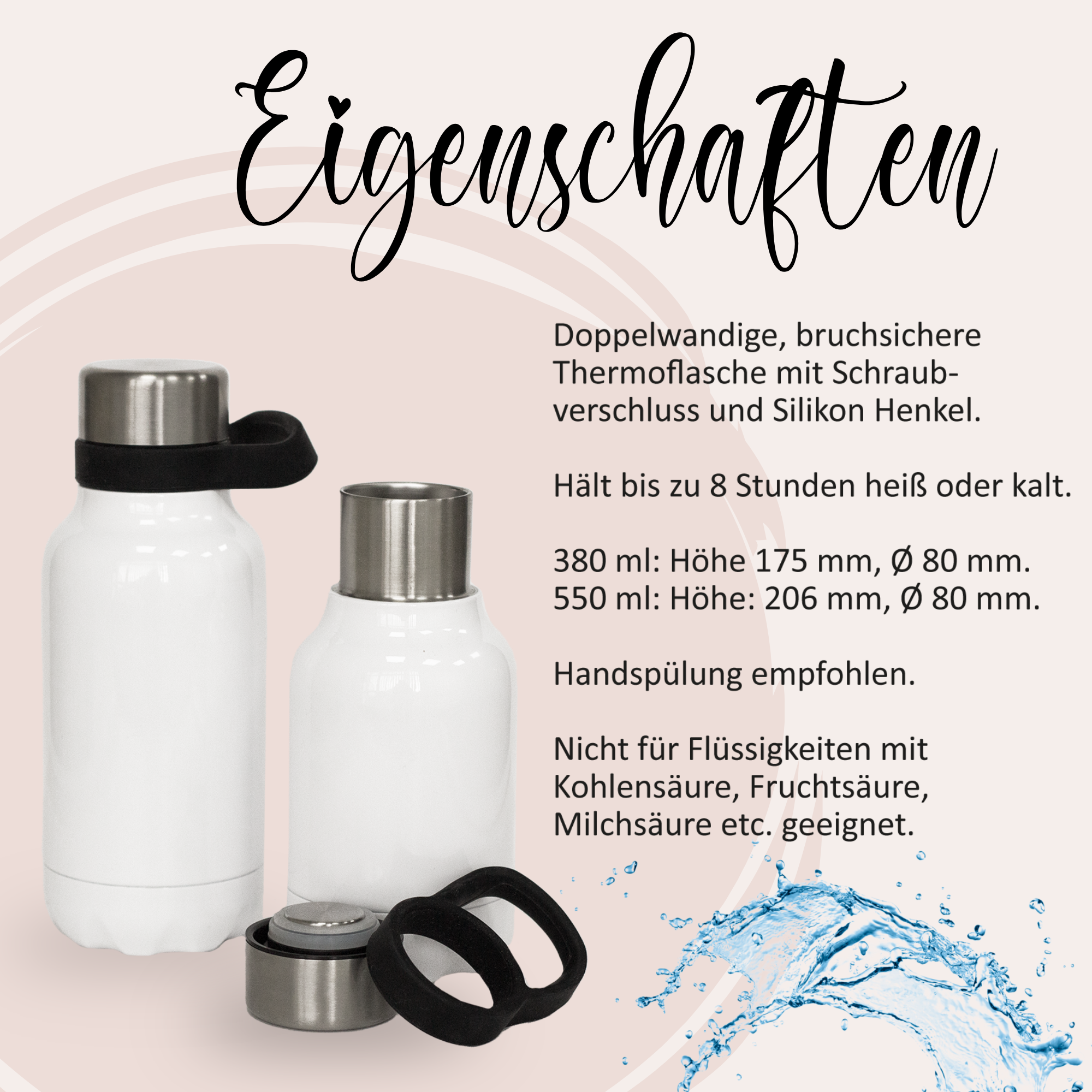 Doppelwandige Thermoflasche, weiß, mit Schraubverschluss und Silikonhenkel.