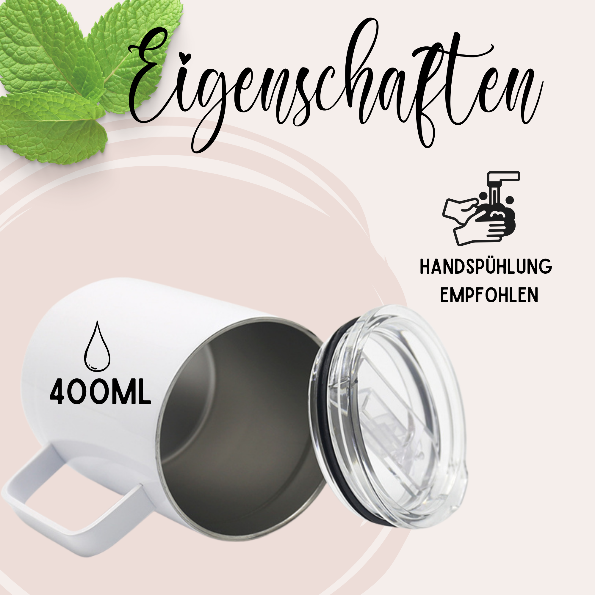 Weißer Becher mit 400ml Fassungsvermögen und Deckel.