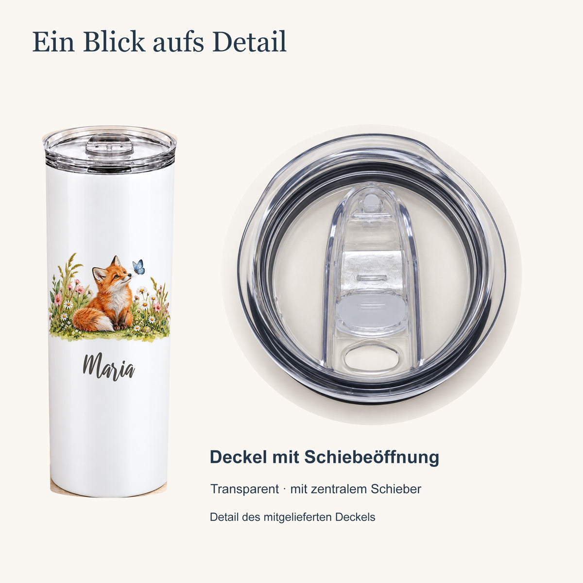 Thermobecher mit Fuchs-Motiv neben einer vergrößerten Draufsicht des transparenten Deckels mit zentralem Schieber.