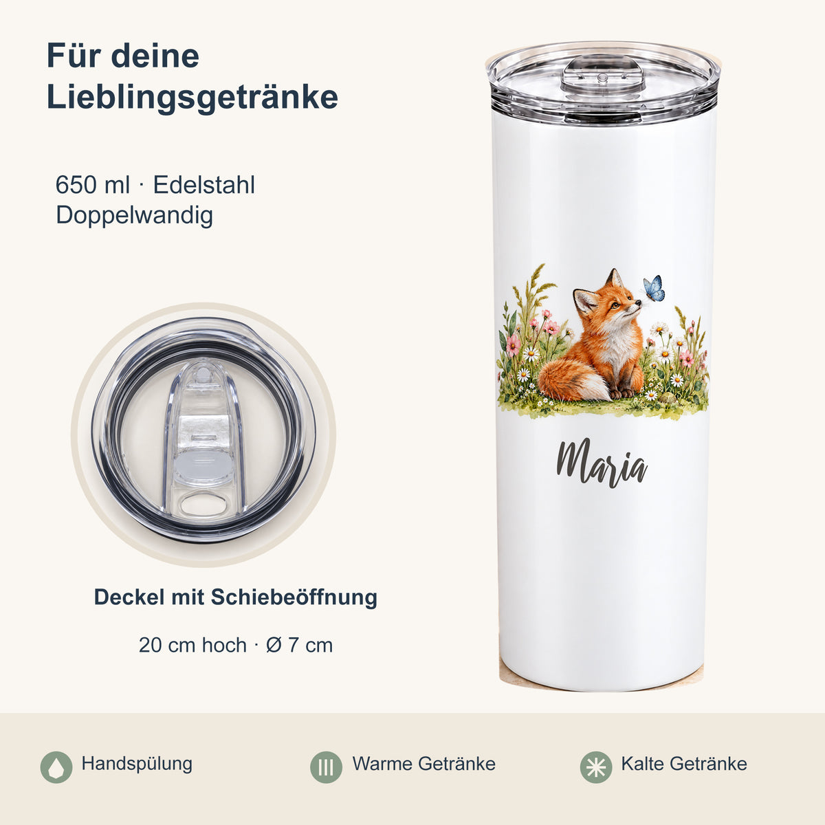 Produktübersicht zum Thermobecher mit Fuchs-Motiv: 650 ml, doppelwandiger Edelstahl, 20 cm Höhe, 7 cm Durchmesser und Handspülung.
