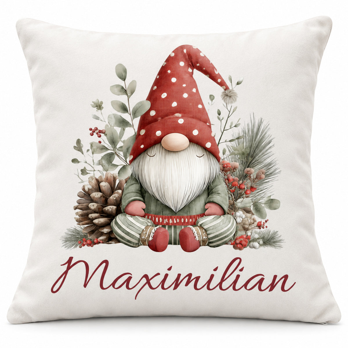 Weihnachtswichtel-Kissenbezug Wintergrün, 40 × 40 cm, mit Beispielname Maximilian: Produktansicht.