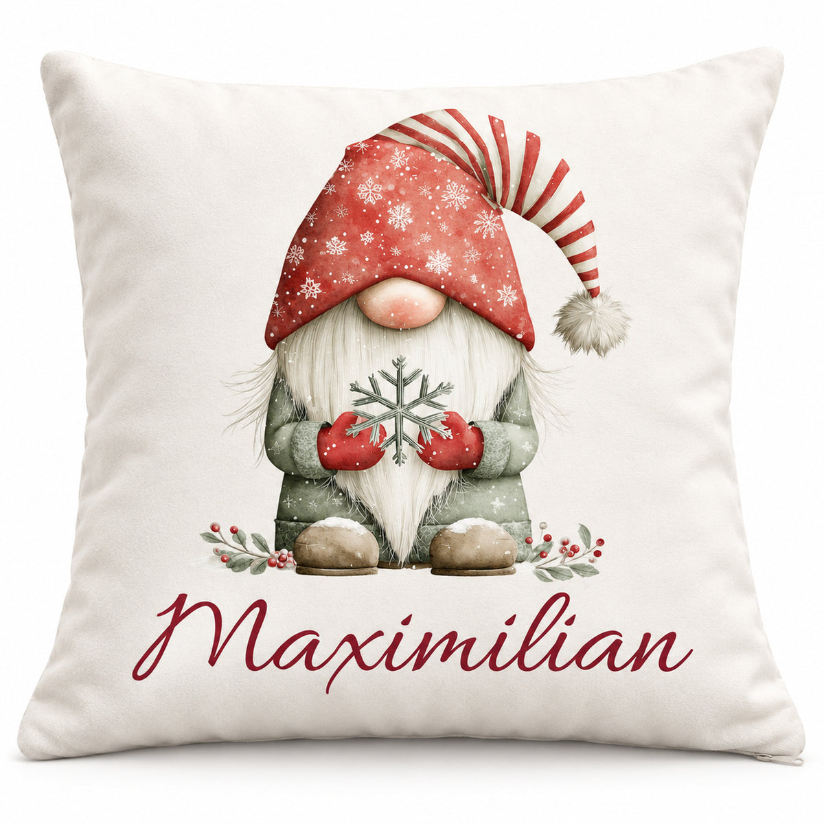 Weihnachtswichtel-Kissenbezug Schneeflocke, 40 × 40 cm, mit Beispielname Maximilian: Produktansicht.