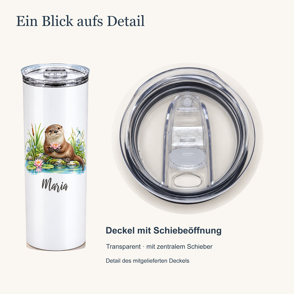 Thermobecher mit Otter-Motiv neben einer vergrößerten Draufsicht des transparenten Deckels mit zentralem Schieber.