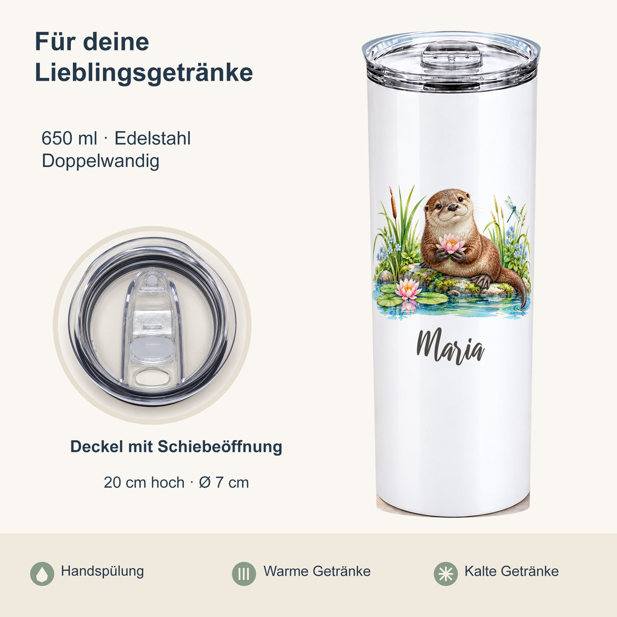 Produktübersicht zum Thermobecher mit Otter-Motiv: 650 ml, doppelwandiger Edelstahl, 20 cm Höhe, 7 cm Durchmesser und Handspülung.