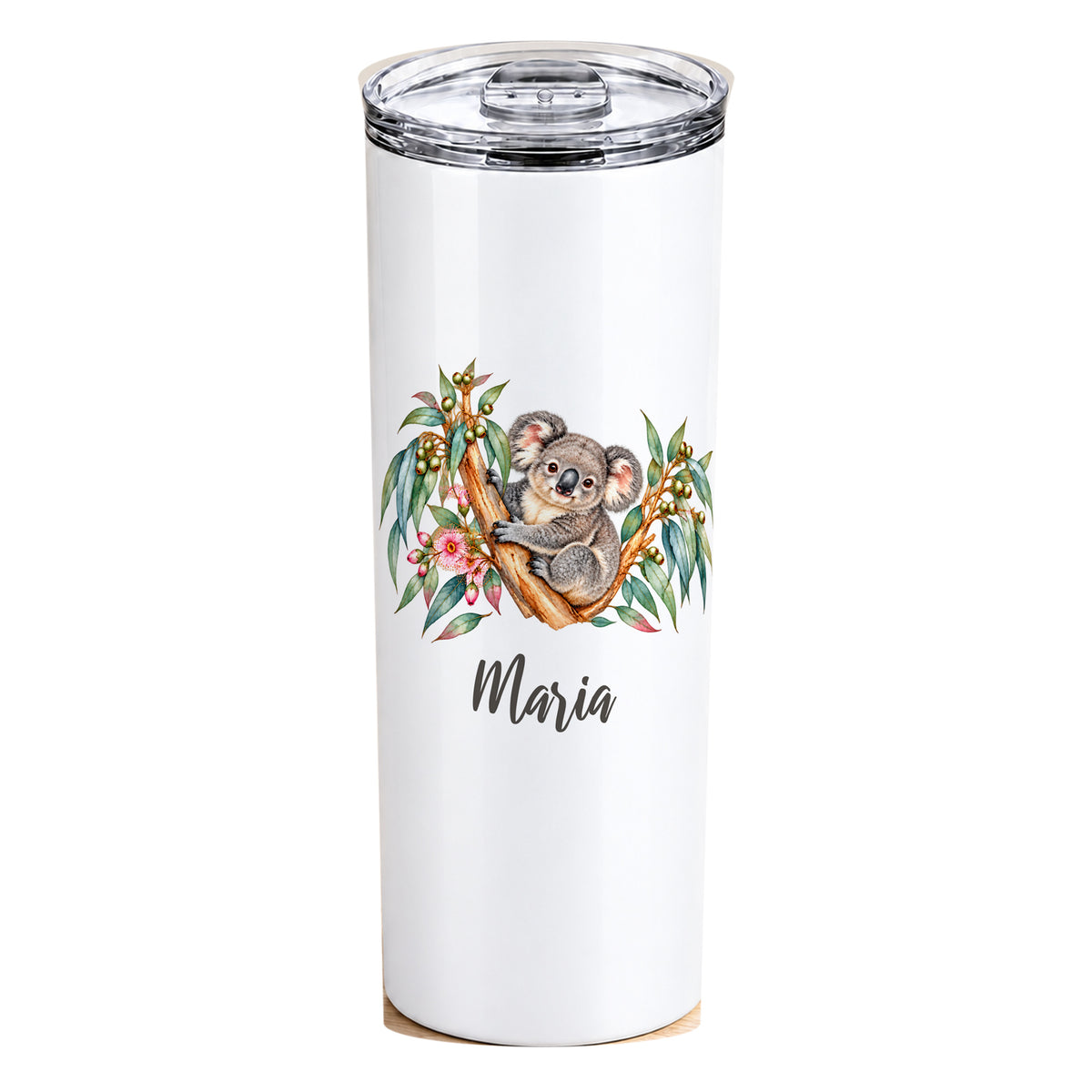 Weißer Thermobecher mit Koala-Motiv und Wunschname, vollständig vor weißem Hintergrund.