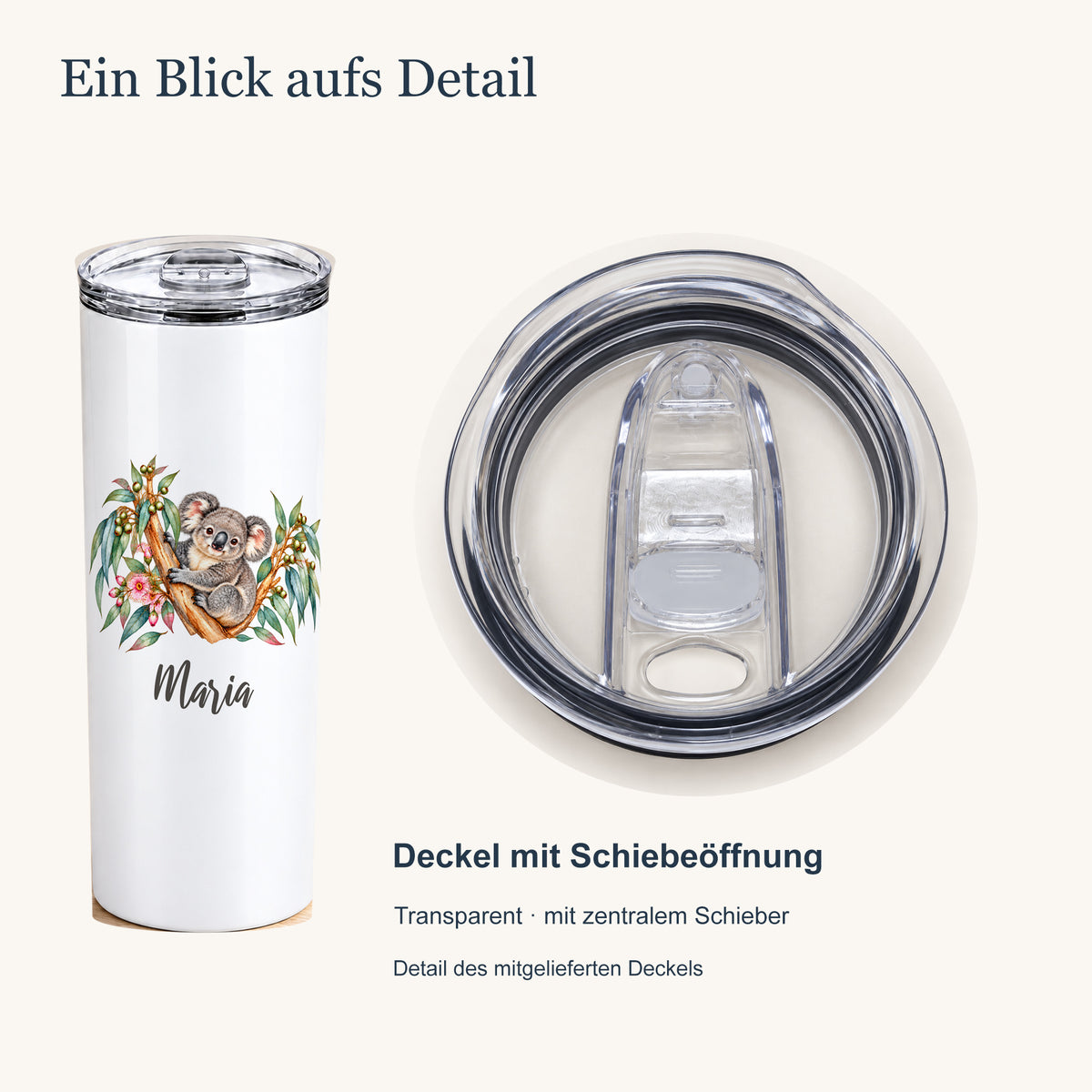 Thermobecher mit Koala-Motiv neben einer vergrößerten Draufsicht des transparenten Deckels mit zentralem Schieber.