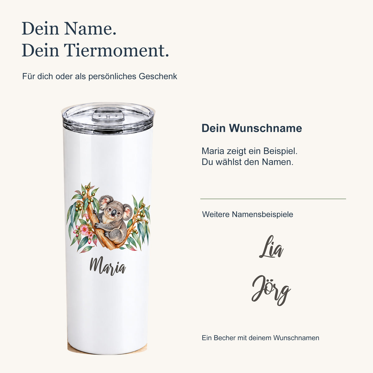 Personalisierung des Thermobechers mit Koala-Motiv: großer Wunschname unter dem Tier und weitere Schriftbeispiele.