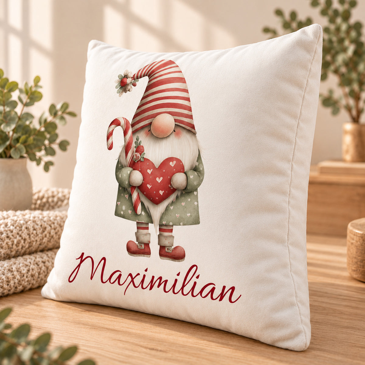 Weihnachtswichtel-Kissenbezug Weihnachtsherz, 40 × 40 cm, mit Beispielname Maximilian: Ansicht schräg von vorn.
