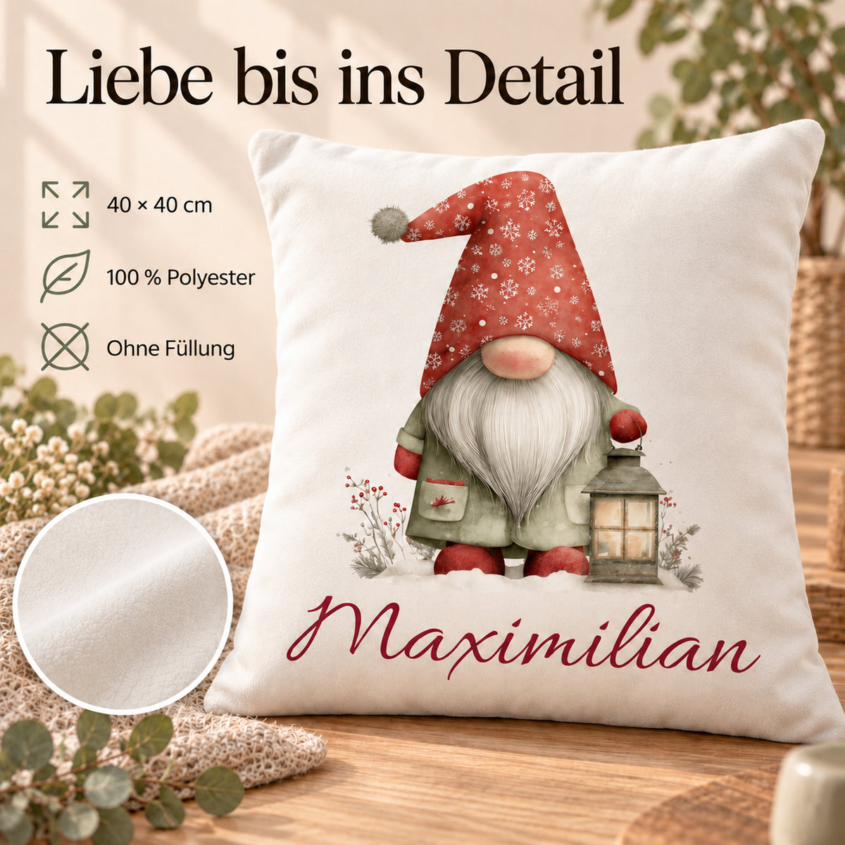 Weihnachtswichtel-Kissenbezug Laternenlicht, 40 × 40 cm, mit Beispielname Maximilian: Produktinformationen.