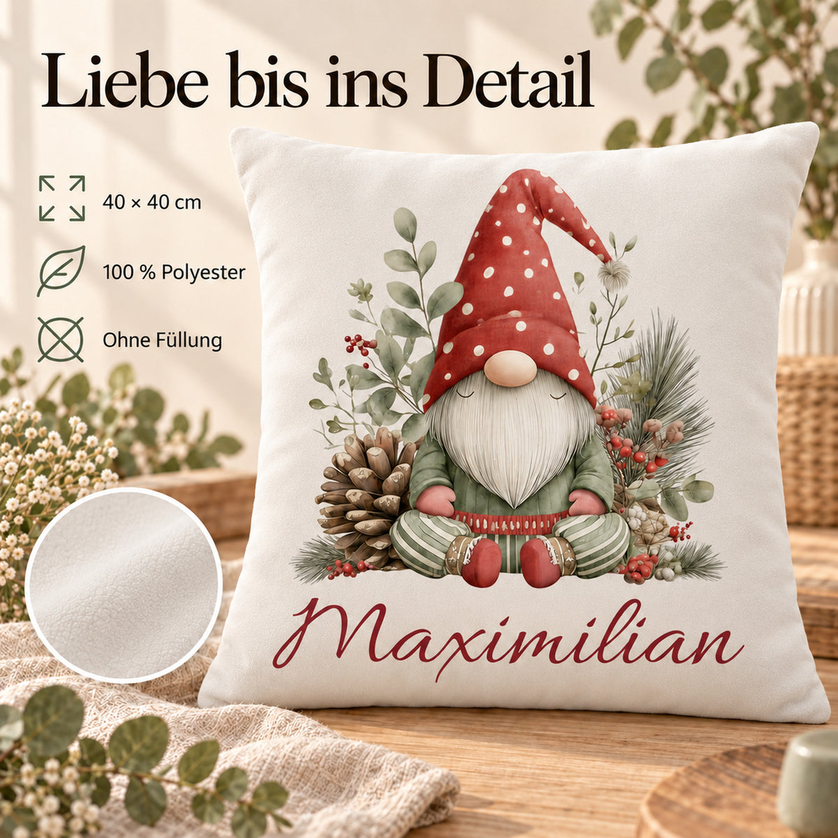 Weihnachtswichtel-Kissenbezug Wintergrün, 40 × 40 cm, mit Beispielname Maximilian: Produktinformationen.