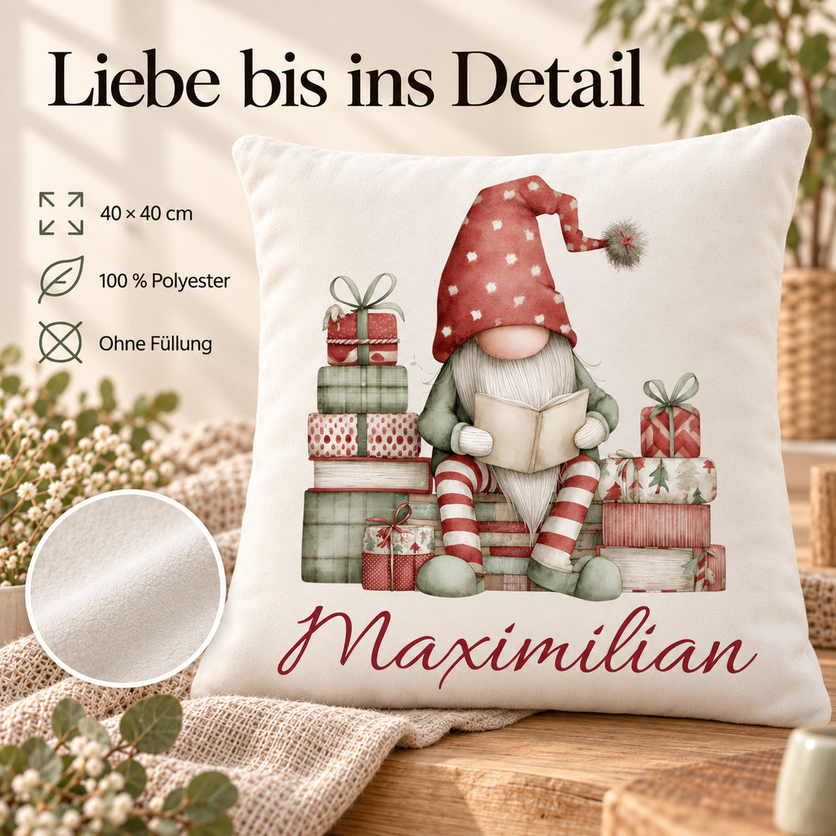 Weihnachtswichtel-Kissenbezug Gemütliche Lesestunde, 40 × 40 cm, mit Beispielname Maximilian: Produktinformationen.