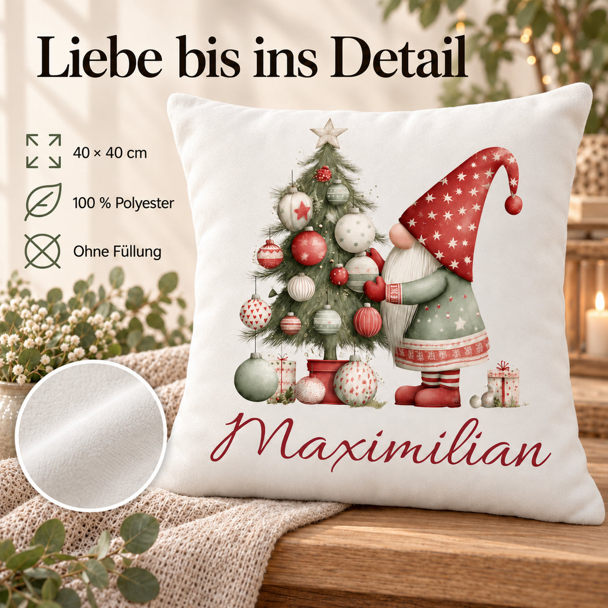 Weihnachtswichtel-Kissenbezug Weihnachtsbaum, 40 × 40 cm, mit Beispielname Maximilian: Produktinformationen.