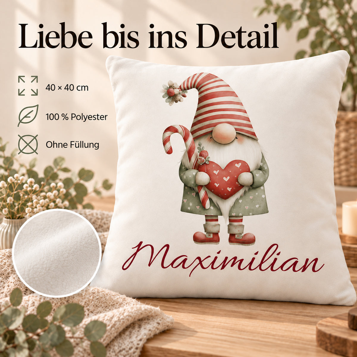 Weihnachtswichtel-Kissenbezug Weihnachtsherz, 40 × 40 cm, mit Beispielname Maximilian: Produktinformationen.