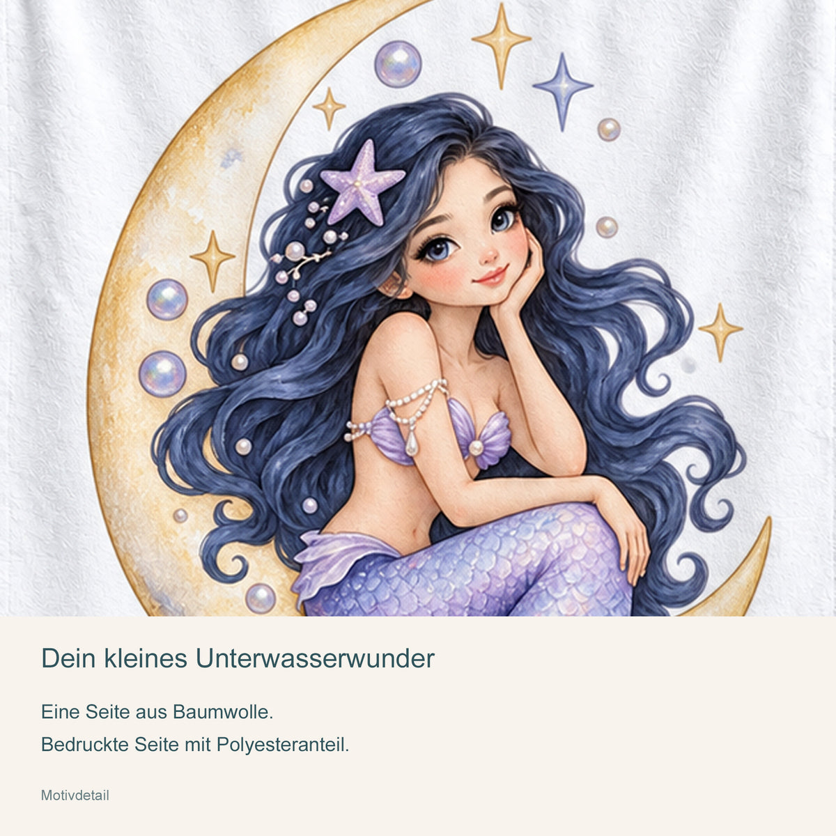 Nahaufnahme des Meerjungfrauenmotivs Mondschein im Meer mit Materialhinweisen.