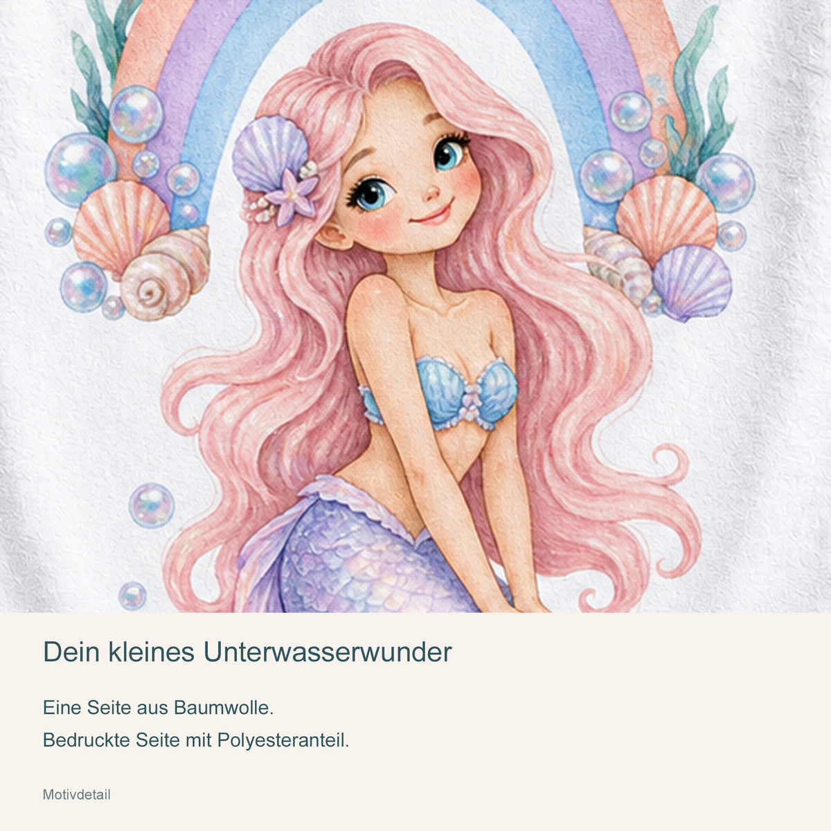Nahaufnahme des Meerjungfrauenmotivs Regenbogenbucht mit Materialhinweisen.