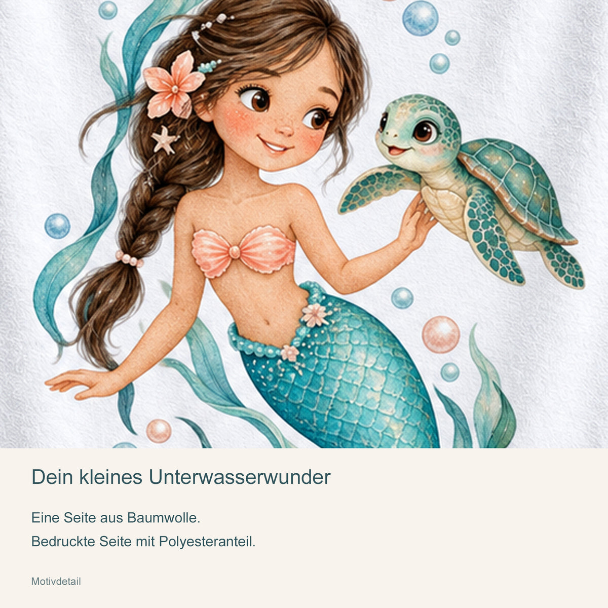 Nahaufnahme des Meerjungfrauenmotivs Schildkrötenreise mit Materialhinweisen.