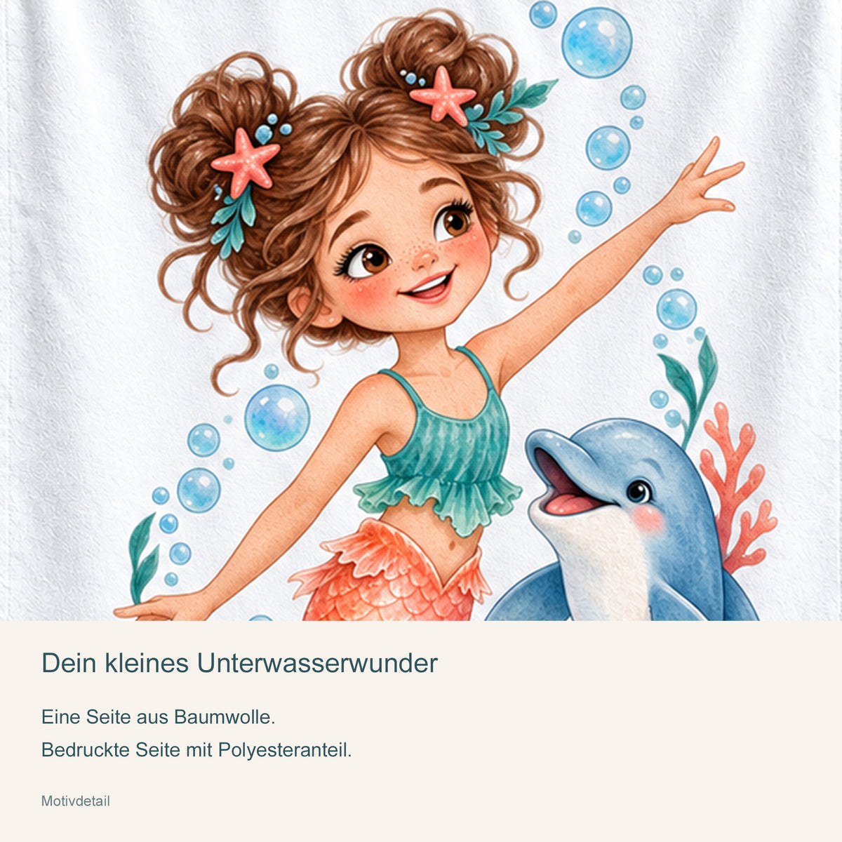 Nahaufnahme des Meerjungfrauenmotivs Delfinfreundin mit Materialhinweisen.