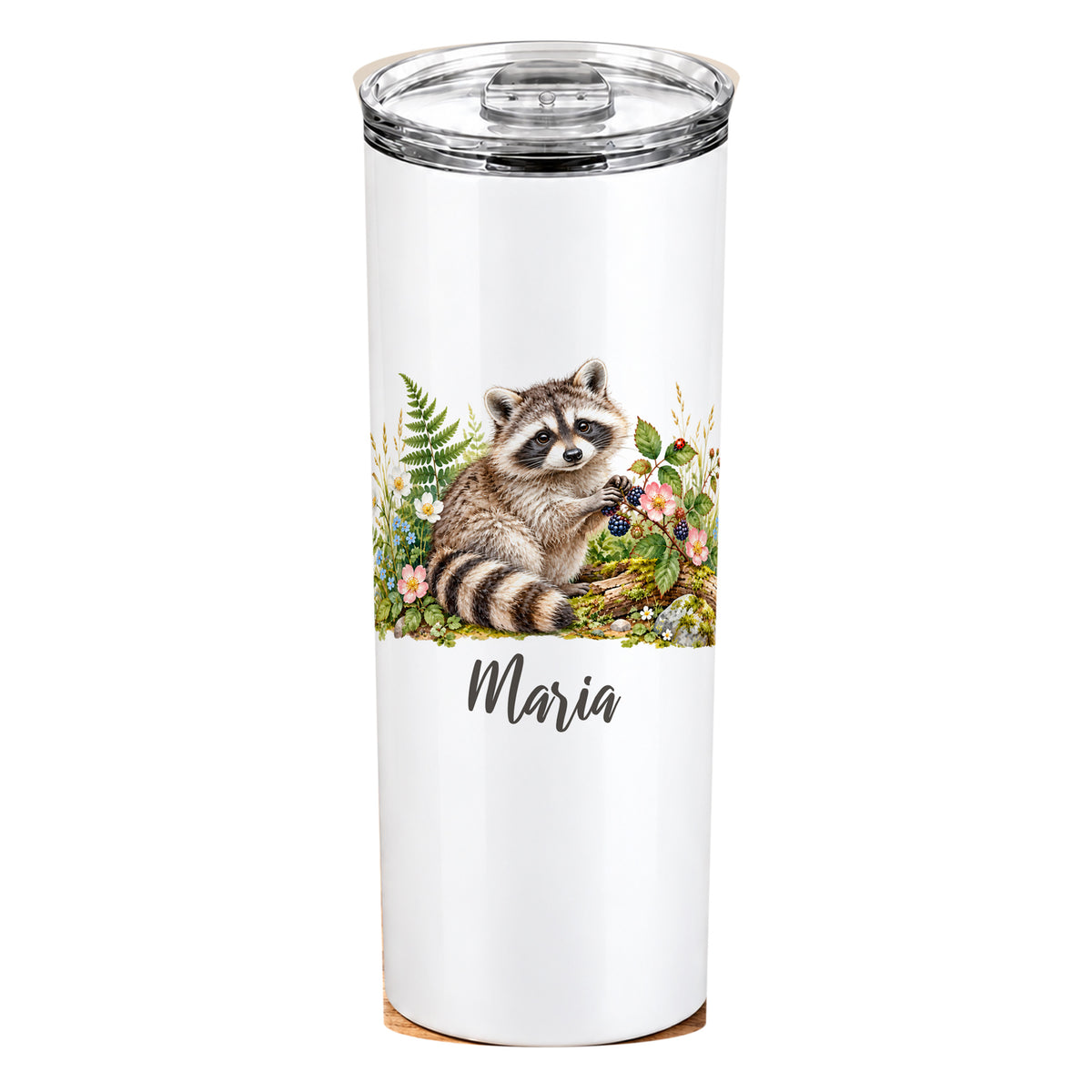 Weißer Thermobecher mit Waschbär-Motiv und Wunschname, vollständig vor weißem Hintergrund.