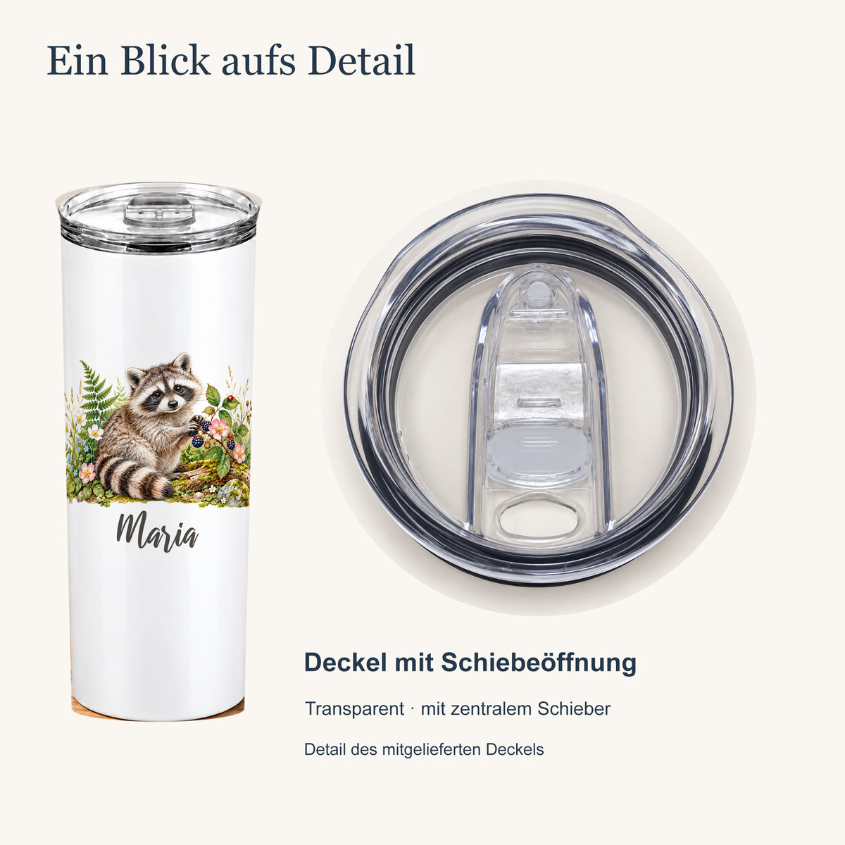 Thermobecher mit Waschbär-Motiv neben einer vergrößerten Draufsicht des transparenten Deckels mit zentralem Schieber.